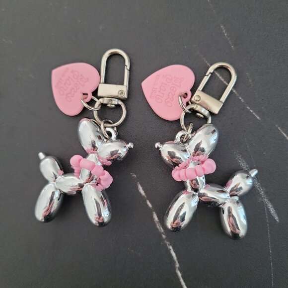 Set of 2 Cute Balloon Dog with necklace & heart Charm Keychains Mirror Style - Picture 8 of 8